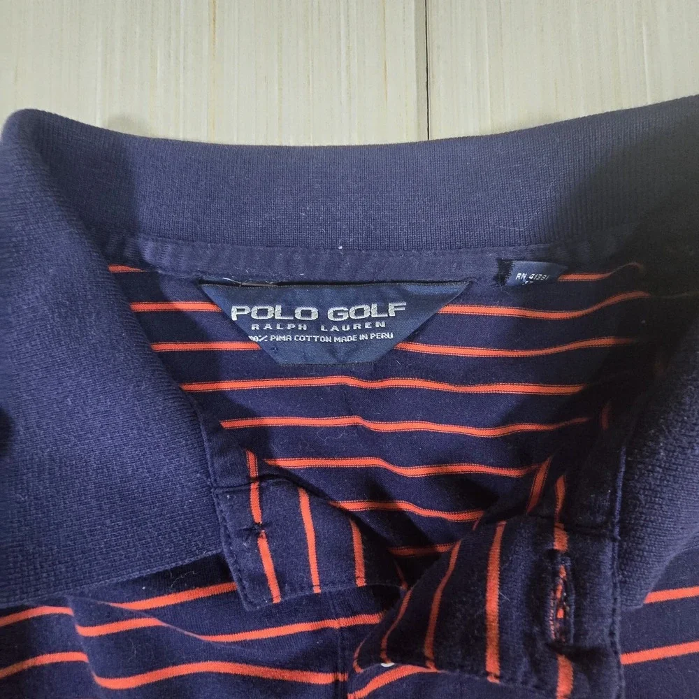 Polo Ralph Lauren Polo Shirt Men's Navy‎ Orange Striped Cotton Golf High-Low Hem